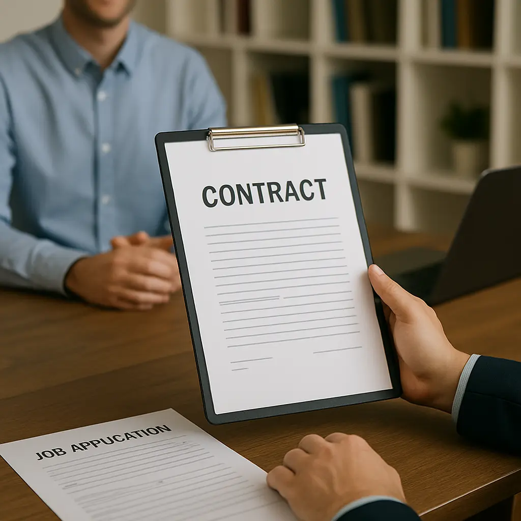 Contract staffing meeting in a professional office setting.